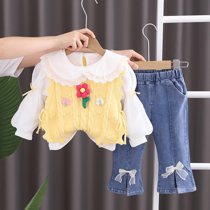 Toddler Girl Woolen Top with Denims Set